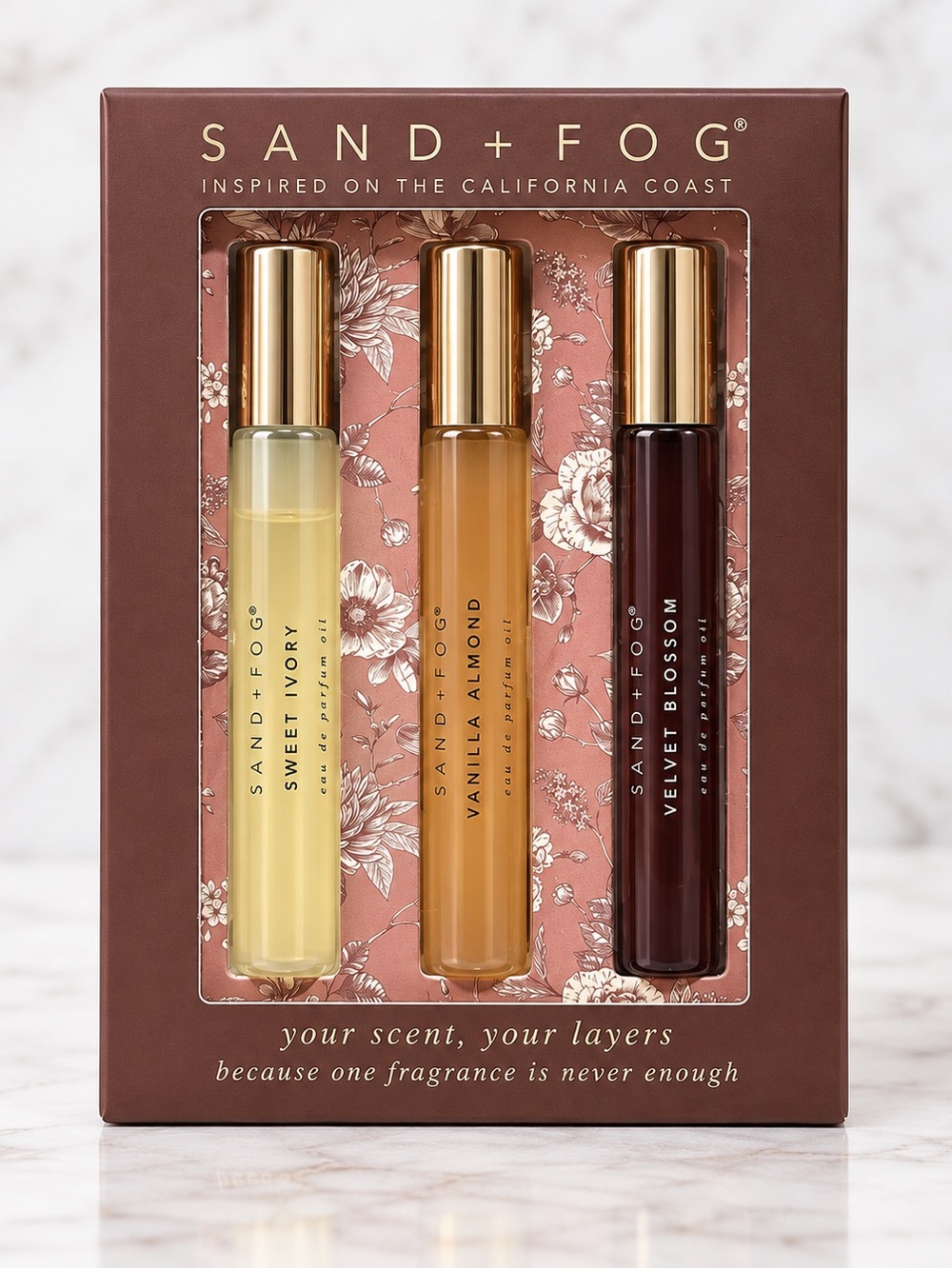 Sand + Fog Perfume Oil Roller Trio – Sweet Ivory, Vanilla Almond & Velvet Blosso